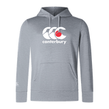 The Canterbury Japan CCC Club Lightweight Hoodie by WRS Canterbury is a gray hoodie made of lightweight polyester, featuring a white and red logo on the chest and a kangaroo pocket.