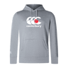 The Canterbury Japan CCC Club Lightweight Hoodie by WRS Canterbury is a gray hoodie made of lightweight polyester, featuring a white and red logo on the chest and a kangaroo pocket.