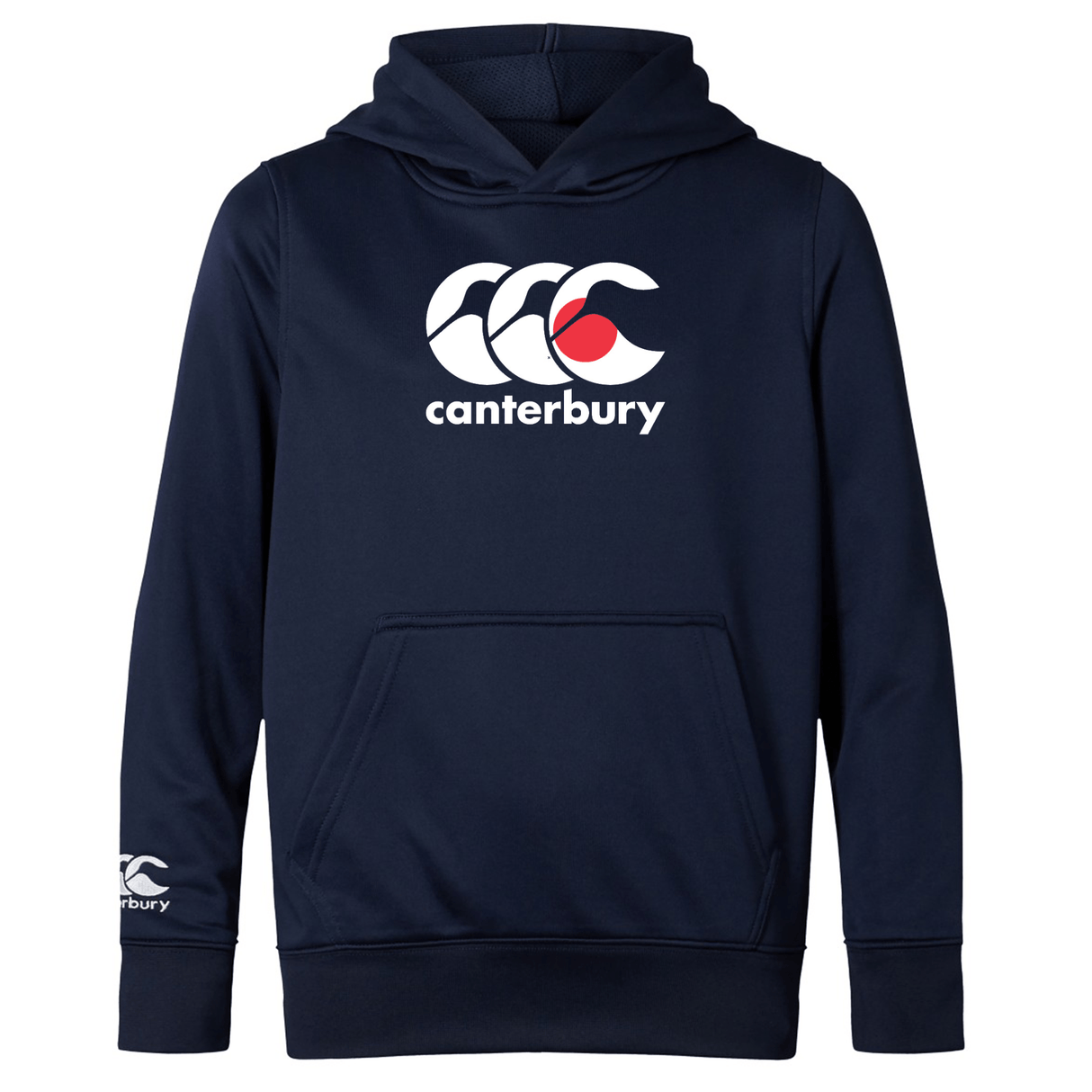 The WRS Canterbury Japan CCC Club Lightweight Hoodie is polyester, navy blue, and features a front pocket with the iconic logo on the chest and sleeve.