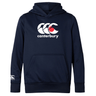 The WRS Canterbury Japan CCC Club Lightweight Hoodie is polyester, navy blue, and features a front pocket with the iconic logo on the chest and sleeve.