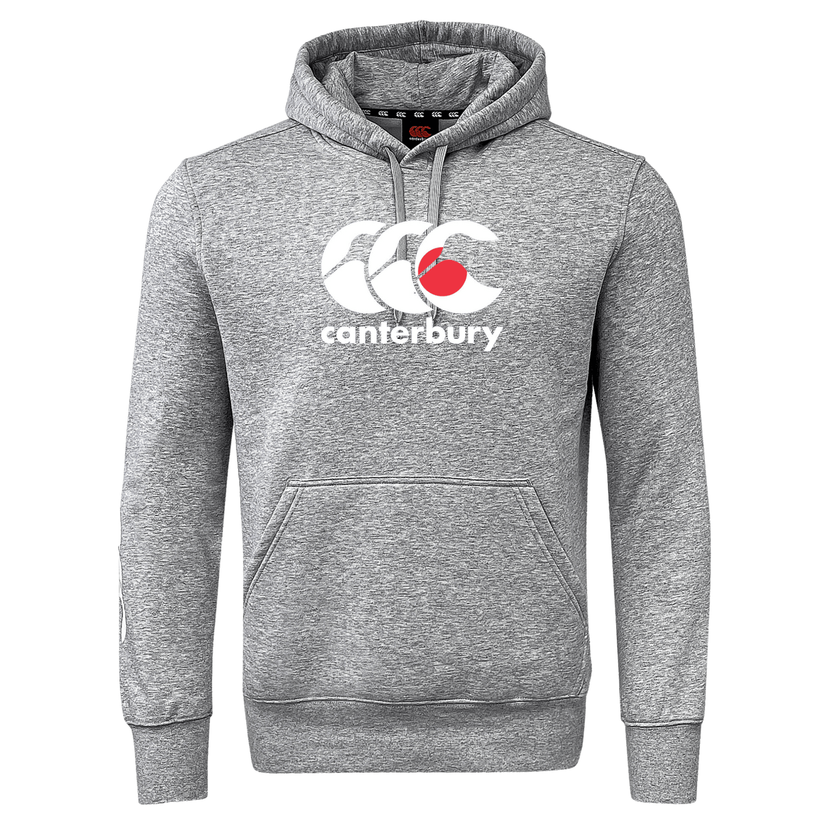 The Canterbury Japan CCC Flag Club Hoodie by WRS Canterbury is gray with a large front pocket. It features the CCC logo and name in white and red on the chest and iconic sleeve branding for added style.