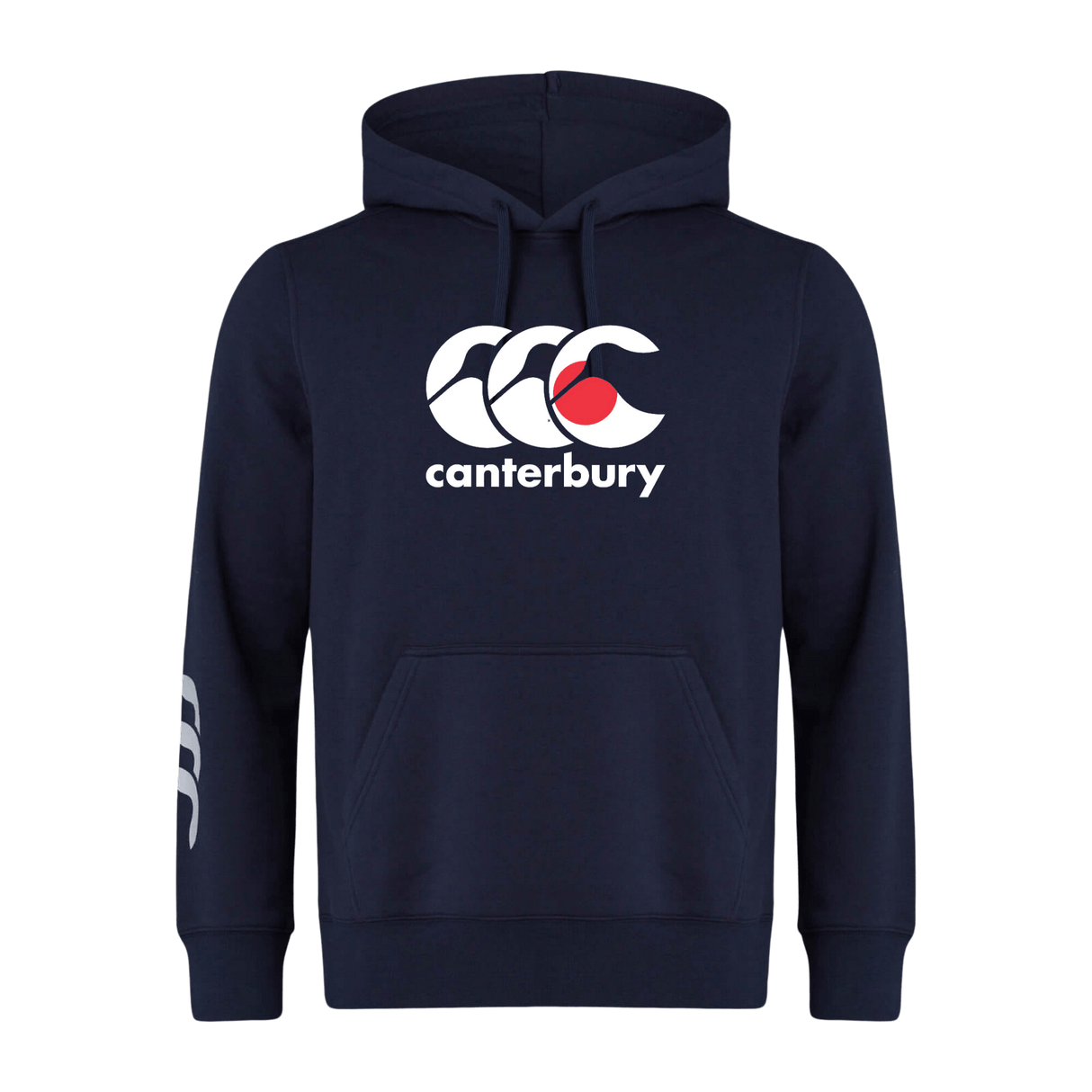 The Canterbury Japan CCC Flag Club Hoodie by WRS Canterbury is a navy blue hoodie with a white "Canterbury" logo of three overlapping "C" shapes on the front and has Canterbury branding in white on the left sleeve.