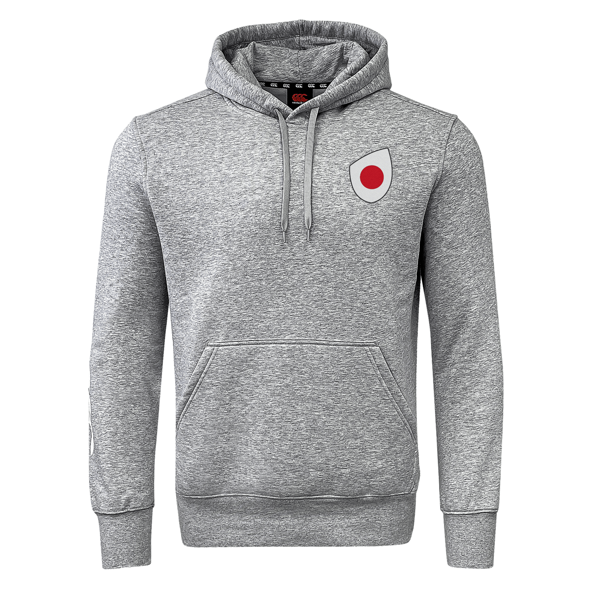 The gray Japan Shield Club Hoodie from EMB Canterbury features a kangaroo pocket, adjustable drawstring hood, small red and white chest patch, and sleeve branding. Crafted from premium sweatshirt fleece for ultimate comfort.