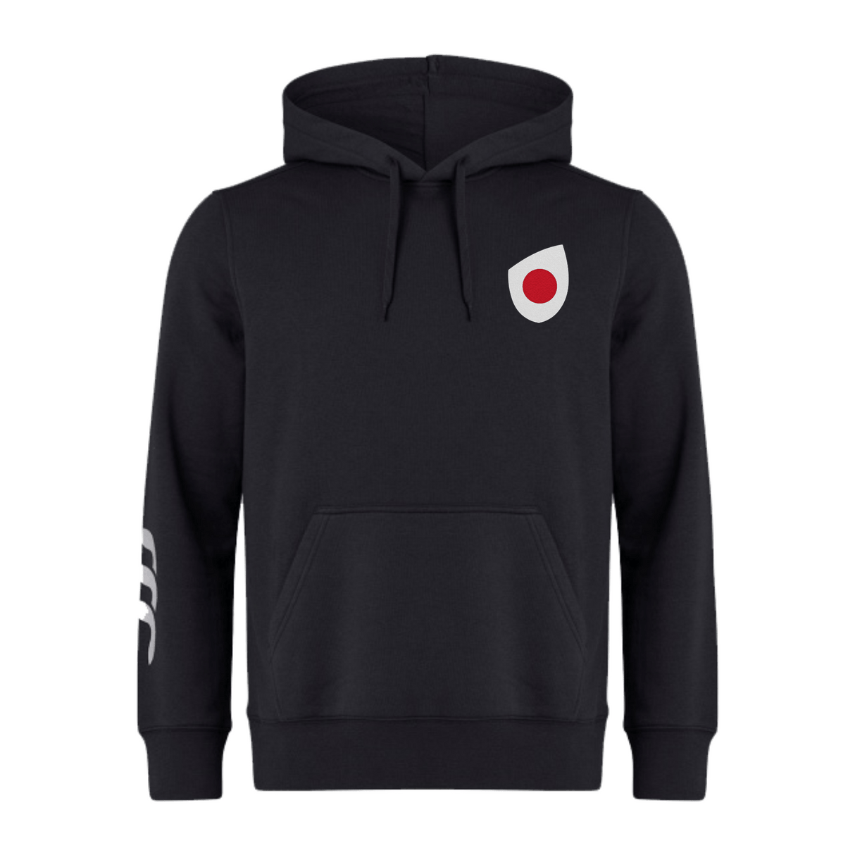 Introducing the Japan Shield Club Hoodie by EMB Canterbury: a black fleece hoodie featuring a bold red and white circle logo on the chest, complemented by Canterbury branding and three signature white stripes on the sleeves.
