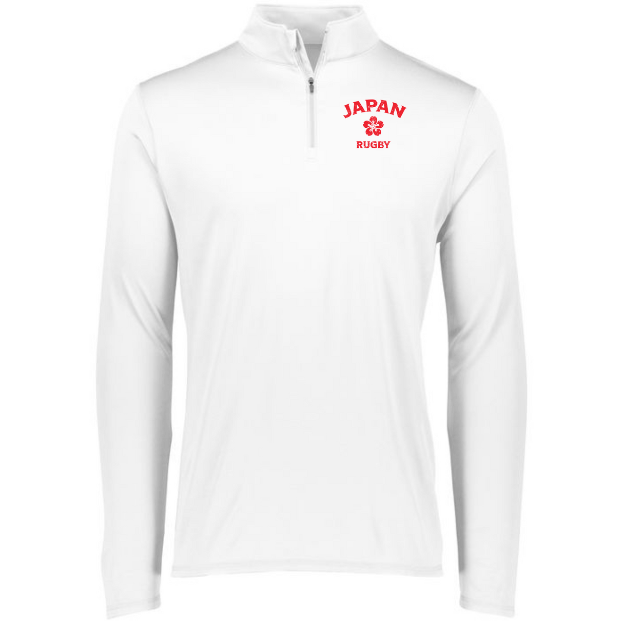 The white Nations of Rugby Japan Rugby 1/4 Zip Pullover, made by EMB Augusta, is made of polyester and features red lettering.