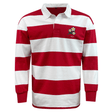 Red and white striped long-sleeve rugby polo shirt with a crest on the left chest displaying the year 1993, made from a comfortable cotton/poly blend. The Nations of Rugby Japan Vintage Hooped Classic Jersey by EMB Mudoo.