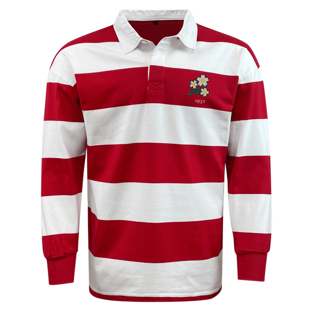 Red and white striped long-sleeve rugby polo shirt with a crest on the left chest displaying the year 1993, made from a comfortable cotton/poly blend. The Nations of Rugby Japan Vintage Hooped Classic Jersey by EMB Mudoo.