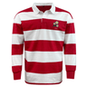 Red and white striped long-sleeve rugby polo shirt with a crest on the left chest displaying the year 1993, made from a comfortable cotton/poly blend. The Nations of Rugby Japan Vintage Hooped Classic Jersey by EMB Mudoo.