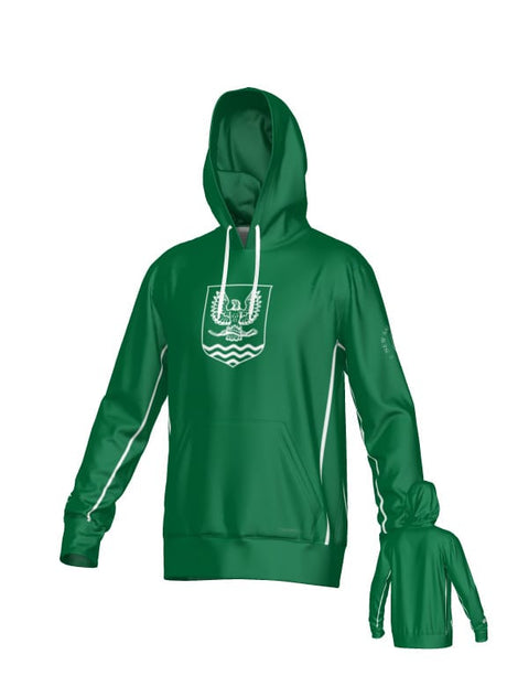 New Saint Andrews College Jericho Canterbury Kirra Performance Hoody in green, featuring white drawstrings, white piping, and a white eagle crest on the chest.