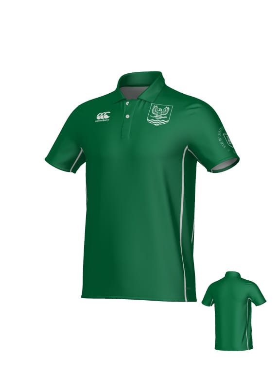 Green Teamatical New Saint Andrews College Jericho Canterbury Kirra Performance Polo with white side panels and logos on the chest and sleeve, with a smaller view of the back shown in the bottom right.