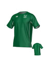 New Saint Andrews College Jericho Canterbury Kirra Performance Tee in green with white side panels and a school crest on the chest, shown from the front and back.