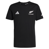 The All Blacks 26/27 Marvel Leisure Tee by adidas features the adidas logo, a silver fern, and "ALL BLACKS" text—ideal for fans seeking official style from adidas.