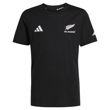The All Blacks 26/27 Marvel Leisure Tee by adidas features the adidas logo, a silver fern, and "ALL BLACKS" text—ideal for fans seeking official style from adidas.