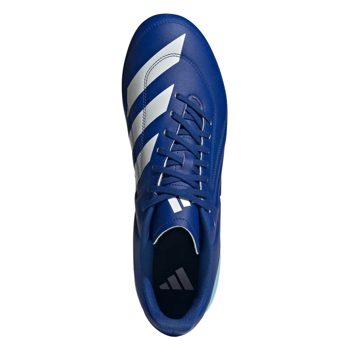 Top view of the adidas RS-15 SG in Royal/White/Light Blue, featuring iconic white stripes, black laces, and the adidas logo on the tongue—echoing classic soft ground rugby boot design—set against a white background.
