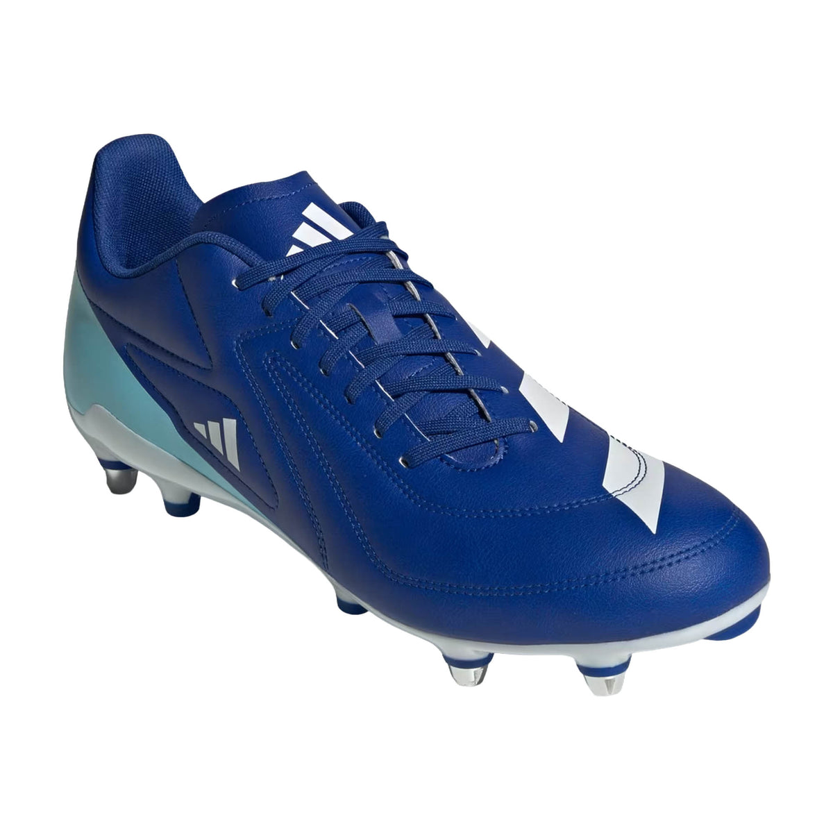 An adidas RS-15 SG soccer cleat in royal blue with white and light blue accents, featuring a lace-up design and metal-tipped studs on the sole for excellent traction—perfect for players looking for the high-performance qualities of soft ground rugby boots.