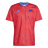 The adidas France Rugby Prematch Jersey features red short sleeves, a blue and white collar, blue adidas logo on the right chest, and a blue rooster emblem on the left. Climacool tech keeps you cool and comfortable during intense matches.