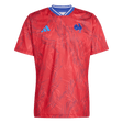 The adidas France Rugby Prematch Jersey features red short sleeves, a blue and white collar, blue adidas logo on the right chest, and a blue rooster emblem on the left. Climacool tech keeps you cool and comfortable during intense matches.