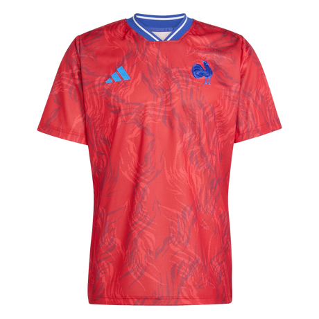 The adidas France Rugby Prematch Jersey features red short sleeves, a blue and white collar, blue adidas logo on the right chest, and a blue rooster emblem on the left. Climacool tech keeps you cool and comfortable during intense matches.