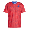 The adidas France Rugby Prematch Jersey features red short sleeves, a blue and white collar, blue adidas logo on the right chest, and a blue rooster emblem on the left. Climacool tech keeps you cool and comfortable during intense matches.