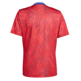 The France Rugby Prematch Jersey by adidas is a short-sleeved red jersey with a blue and white collar, subtle back patterns, and advanced Climacool technology for superior comfort.
