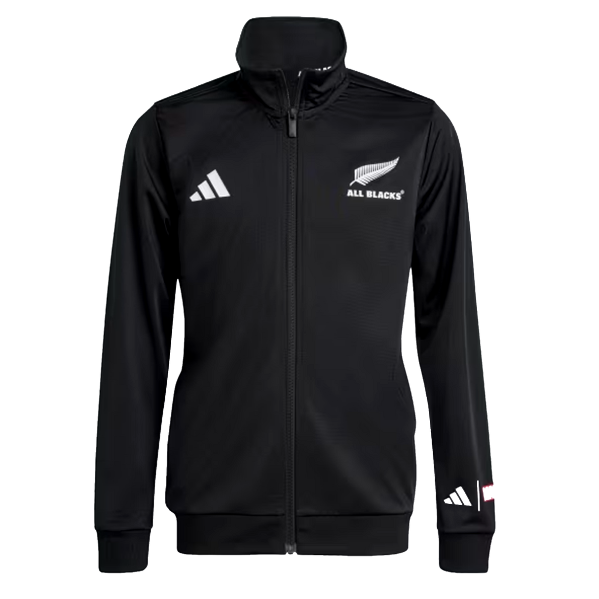 The All Blacks 26/27 Marvel Track Top by adidas is a black zip-up jacket with a high collar, featuring adidas and All Blacks logos on the chest plus a small sleeve logo, inspired by Marvel sportswear.