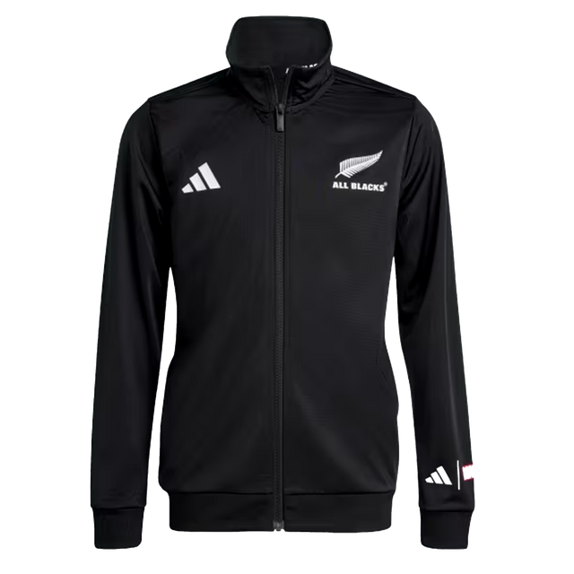 The All Blacks 26/27 Marvel Track Top by adidas is a black zip-up jacket with a high collar, featuring adidas and All Blacks logos on the chest plus a small sleeve logo, inspired by Marvel sportswear.