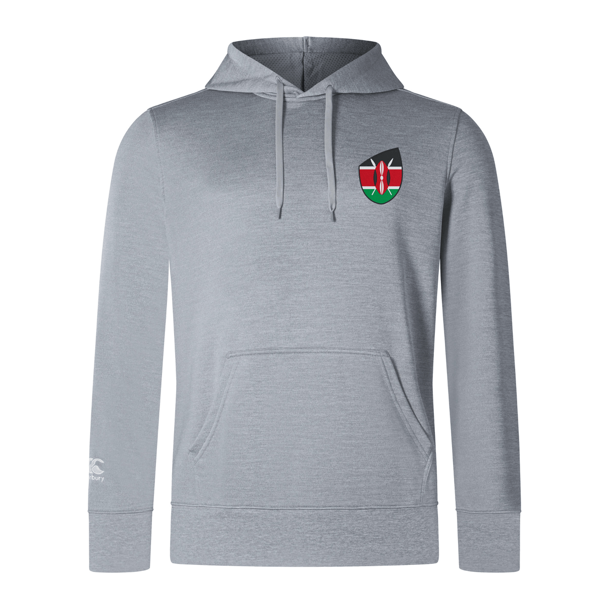 The EMB Canterbury Kenya Shield Club Lightweight Hoodie is gray with a front pocket, drawstring hood, and an embroidered Kenya Shield Club logo in red, black, and green on the chest—ideal for Rugby Supporters.