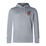 The EMB Canterbury Kenya Shield Club Lightweight Hoodie is gray with a front pocket, drawstring hood, and an embroidered Kenya Shield Club logo in red, black, and green on the chest—ideal for Rugby Supporters.
