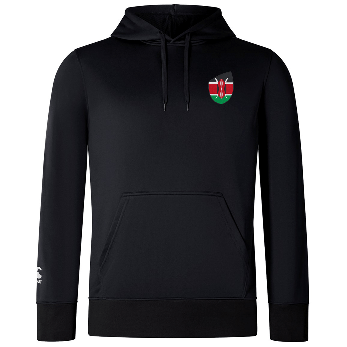The EMB Canterbury Kenya Shield Club Lightweight Hoodie, ideal for rugby supporters, showcases a small Kenyan flag emblem on the chest and includes a front pocket.