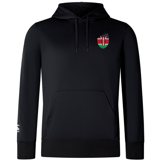 The EMB Canterbury Kenya Shield Club Lightweight Hoodie, ideal for rugby supporters, showcases a small Kenyan flag emblem on the chest and includes a front pocket.