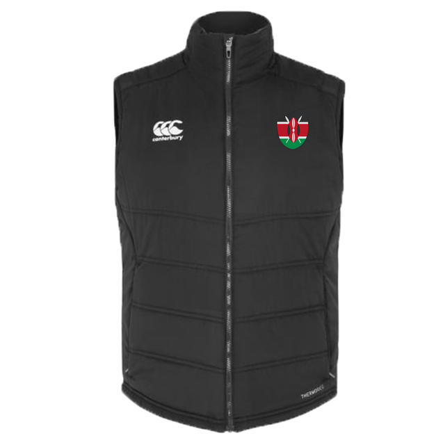 Just In: A black Kenya Shield Core Gilet by EMB Canterbury, featuring a zipper, the Canterbury logo on the left chest, and a Kenyan flag logo on the right chest.