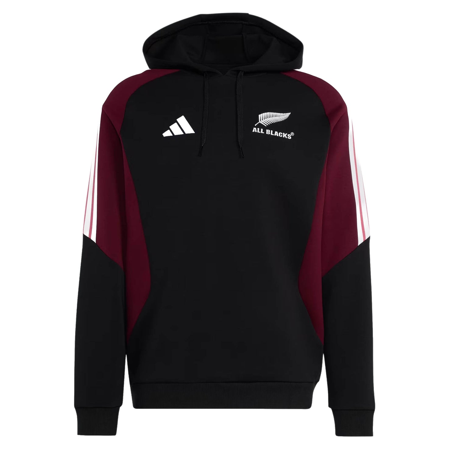 The All Blacks 27/28 Hoodie by adidas combines striking black and maroon colors with iconic white sleeve stripes and features the New Zealand rugby team’s logo on the chest, making it an essential choice for adidas enthusiasts and All Blacks fans alike.