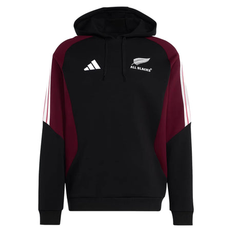 The All Blacks 27/28 Hoodie by adidas combines striking black and maroon colors with iconic white sleeve stripes and features the New Zealand rugby team’s logo on the chest, making it an essential choice for adidas enthusiasts and All Blacks fans alike.