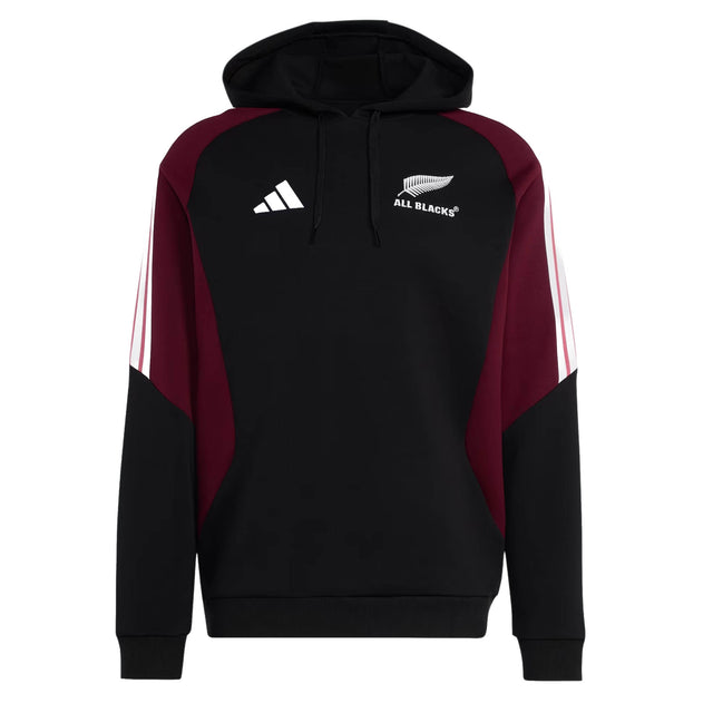 The All Blacks 27/28 Hoodie by adidas combines striking black and maroon colors with iconic white sleeve stripes and features the New Zealand rugby team’s logo on the chest, making it an essential choice for adidas enthusiasts and All Blacks fans alike.
