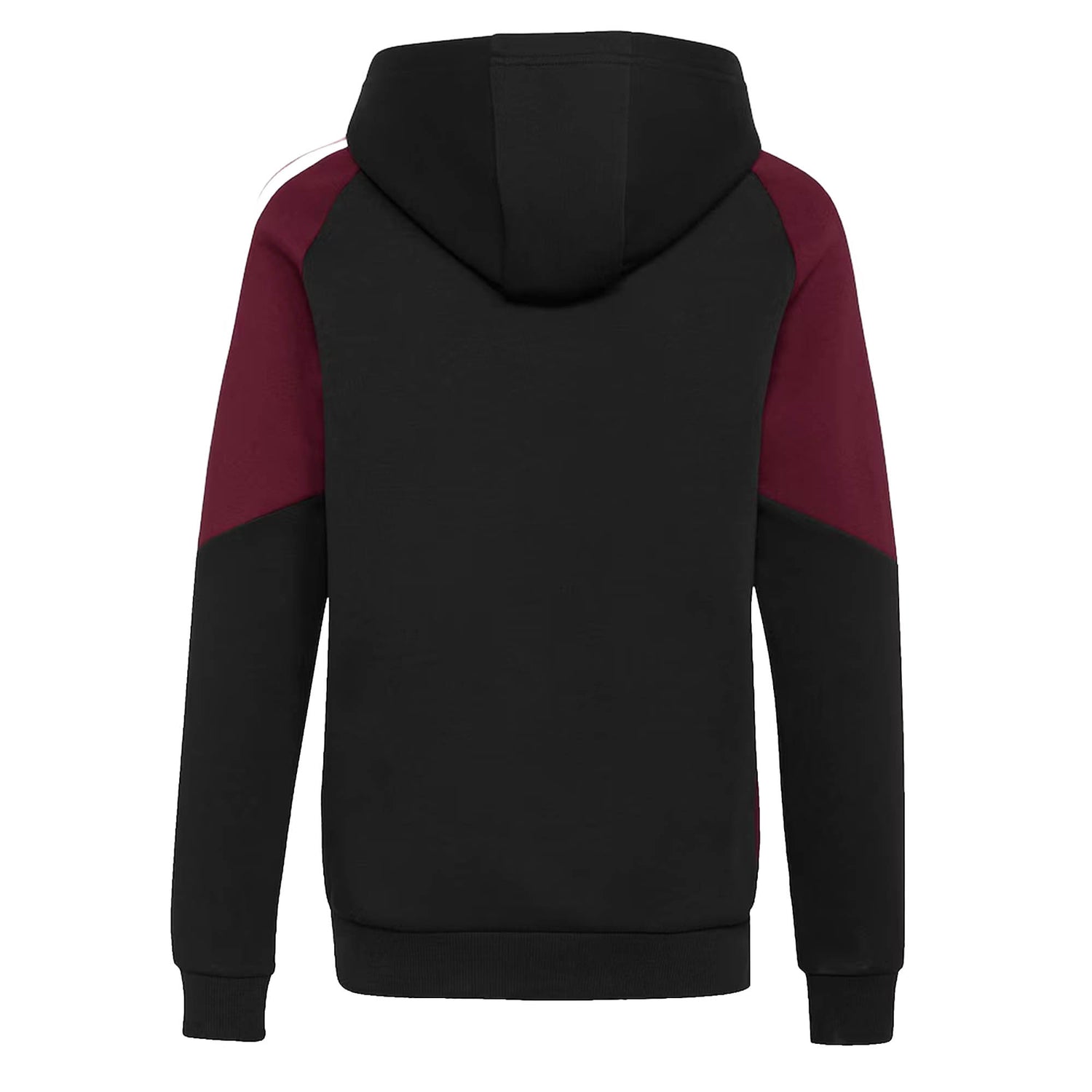The All Blacks 27/28 Hoodie by adidas features a black hood and body with maroon sleeves and upper side panels, displayed from the back against a white background. Inspired by New Zealand rugby, this sleek and athletic adidas hoodie channels the spirit of the legendary All Blacks team.