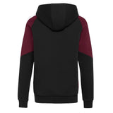 The All Blacks 27/28 Hoodie by adidas features a black hood and body with maroon sleeves and upper side panels, displayed from the back against a white background. Inspired by New Zealand rugby, this sleek and athletic adidas hoodie channels the spirit of the legendary All Blacks team.