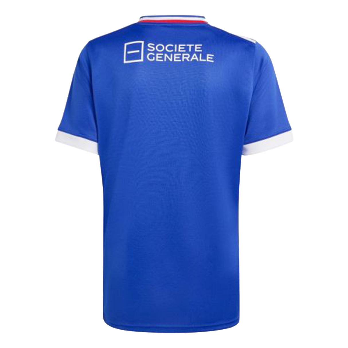 Back view of the France FFR 25/26 Replica Home Jersey by adidas featuring blue fabric, white sleeve cuffs, and the "Societe Generale" logo in white on the upper back.