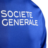 Close-up of the France FFR 25/26 Replica Home Jersey by adidas, featuring blue fabric and white "SOCIETE GENERALE" text.