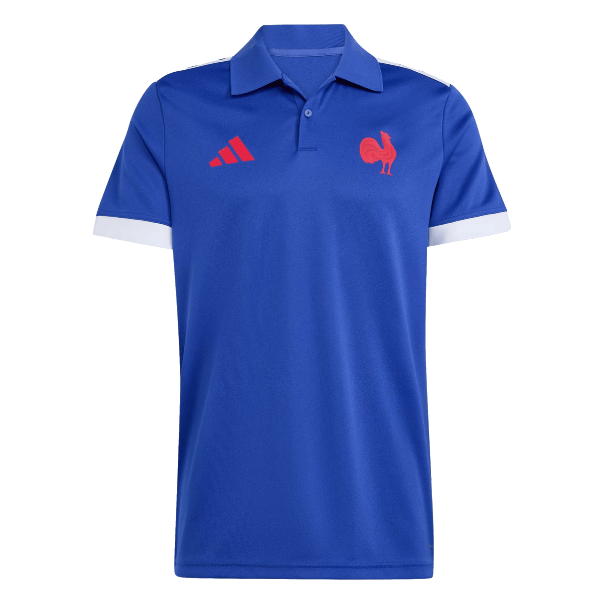 Show your pride in the France FFR Home Supporters Replica Polo by adidas—a blue short-sleeve polo with white sleeve cuffs and bold red adidas and rooster logos. Perfect for every France Rugby supporter.