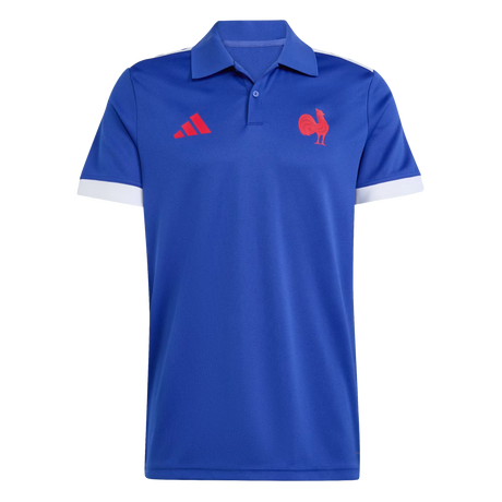 Show your pride in the France FFR Home Supporters Replica Polo by adidas—a blue short-sleeve polo with white sleeve cuffs and bold red adidas and rooster logos. Perfect for every France Rugby supporter.