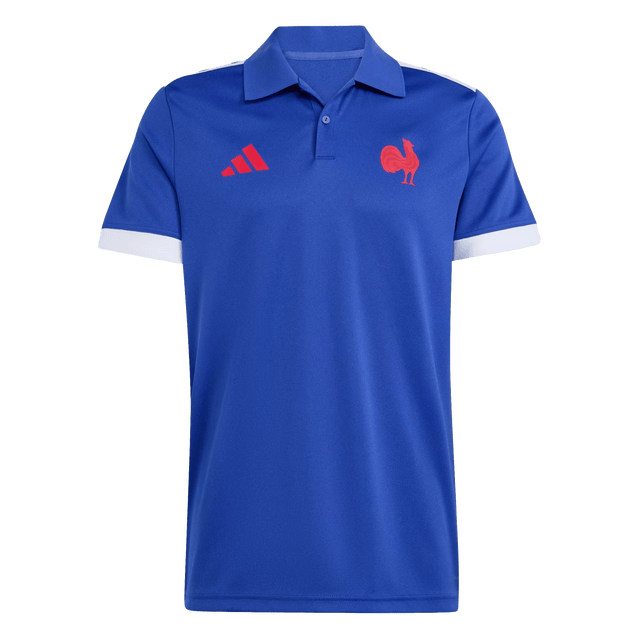Show your pride in the France FFR Home Supporters Replica Polo by adidas—a blue short-sleeve polo with white sleeve cuffs and bold red adidas and rooster logos. Perfect for every France Rugby supporter.