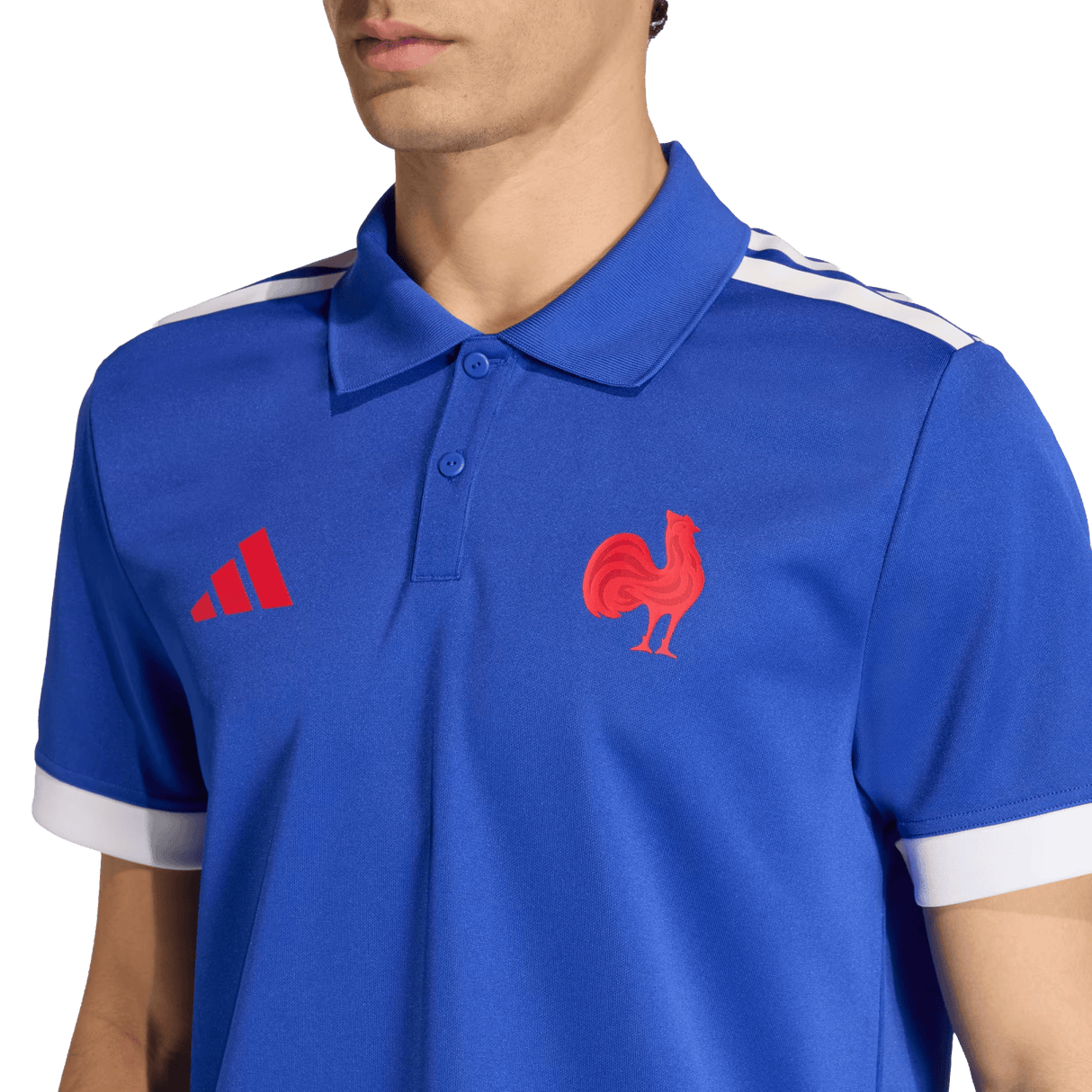 A person wears the France FFR Home Supporters Replica Polo by adidas—a blue collared shirt with white trim, red adidas logo, and red rooster emblem—perfect for any France Rugby fan.