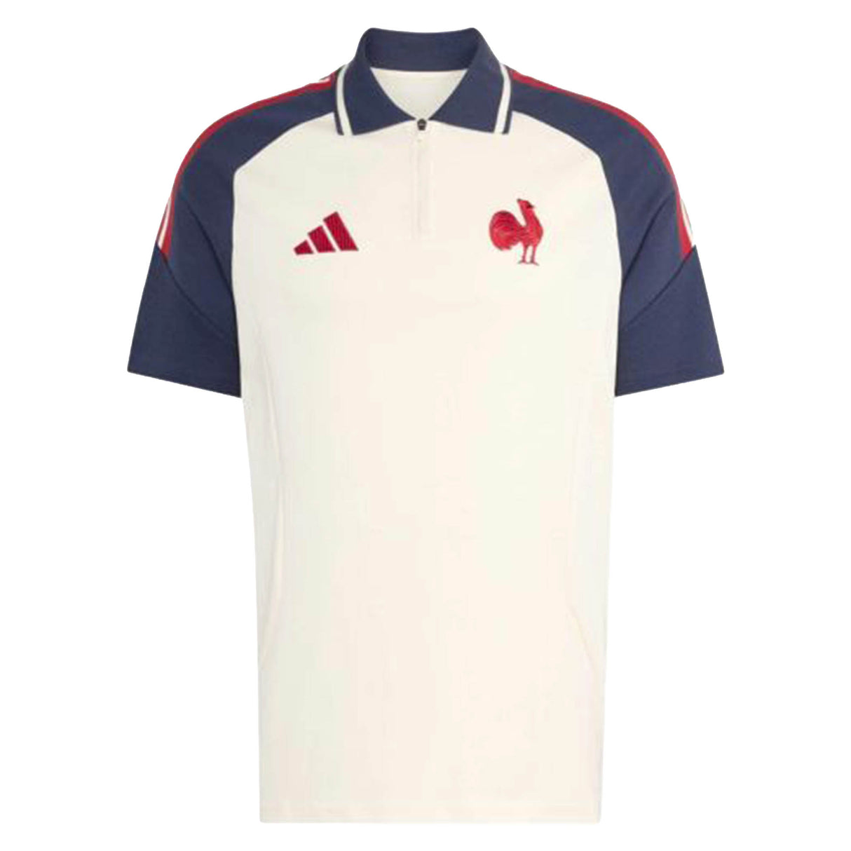 Introducing the France FFR 26/27 Training Polo by adidas—a white and navy short-sleeve training polo showcasing a striking red rooster logo, a navy collar, and signature red adidas stripes on the shoulders. This stylish piece is inspired by the iconic France Rugby polo as worn by the French Rugby Federation.