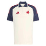 Introducing the France FFR 26/27 Training Polo by adidas—a white and navy short-sleeve training polo showcasing a striking red rooster logo, a navy collar, and signature red adidas stripes on the shoulders. This stylish piece is inspired by the iconic France Rugby polo as worn by the French Rugby Federation.