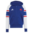 Discover the France FFR 26/27 Travel Full Zip Hoodie by adidas—a blue full-zip hoodie featuring white sleeves, red and blue stripe accents, two front pockets, and embroidered chest logos. This adidas piece is perfect for France Rugby fans who want sporty style and comfort.