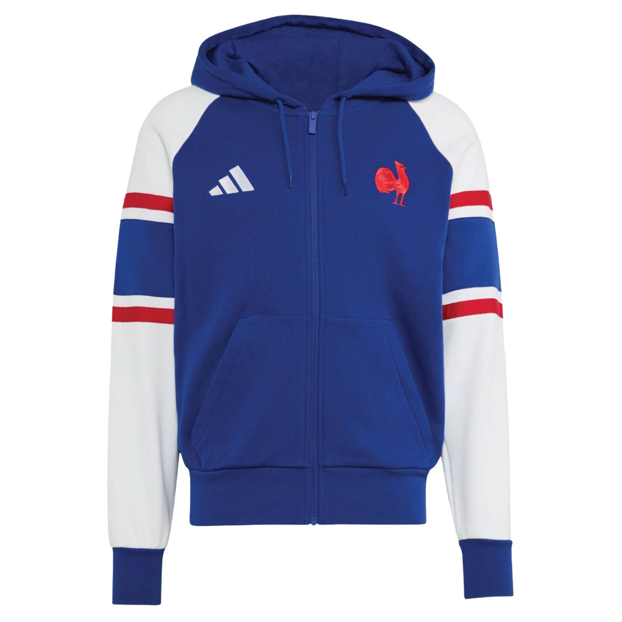 Discover the France FFR 26/27 Travel Full Zip Hoodie by adidas—a blue full-zip hoodie featuring white sleeves, red and blue stripe accents, two front pockets, and embroidered chest logos. This adidas piece is perfect for France Rugby fans who want sporty style and comfort.