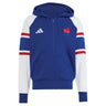 Discover the France FFR 26/27 Travel Full Zip Hoodie by adidas—a blue full-zip hoodie featuring white sleeves, red and blue stripe accents, two front pockets, and embroidered chest logos. This adidas piece is perfect for France Rugby fans who want sporty style and comfort.