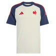 France FFR 26/27 Cotton T-Shirt by adidas featuring a short-sleeve design with navy sleeves, cream body, red adidas logo, and a distinctive Le Coq badge on the chest.