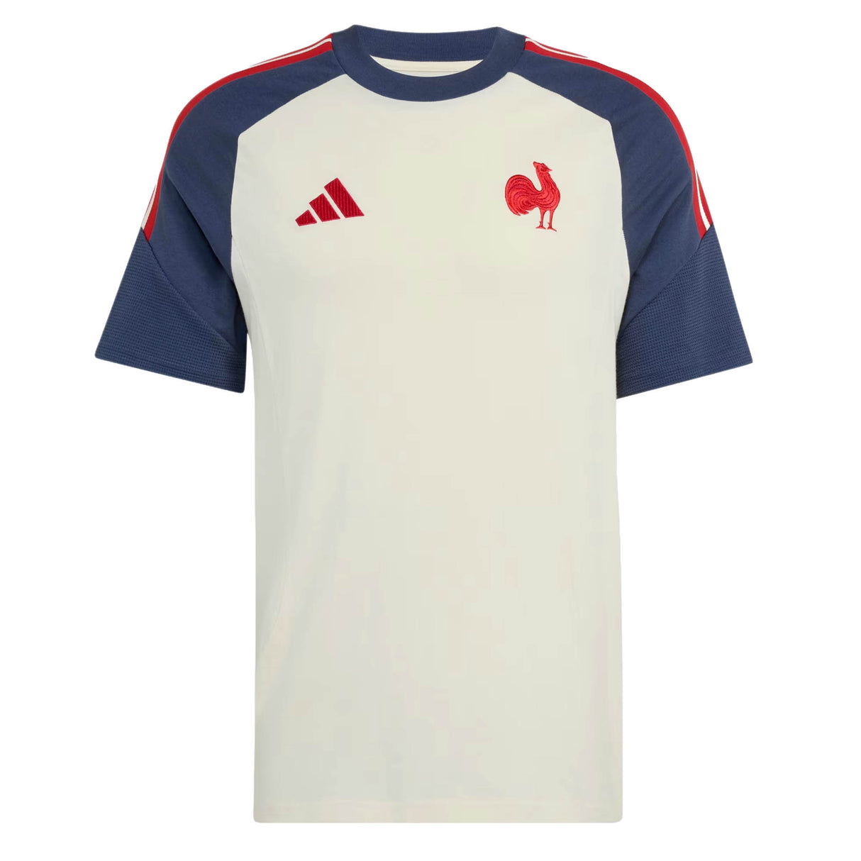 France FFR 26/27 Cotton T-Shirt by adidas featuring a short-sleeve design with navy sleeves, cream body, red adidas logo, and a distinctive Le Coq badge on the chest.