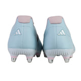 Back view of a pair of adidas RS-15 Avaglide Rise SG rugby boots in Ice Blue, Iron, and Pink with metal studs, displayed on a white background.